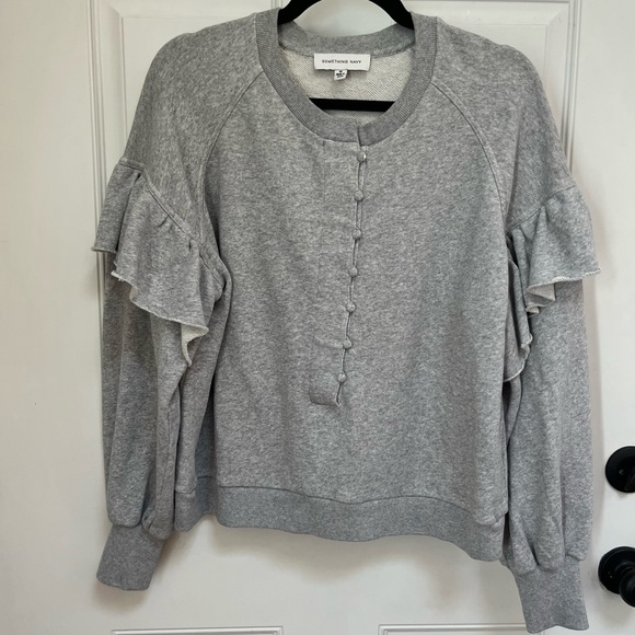 Something navy gray 100% cotton sweatshirt ruffle size medium buttons - Picture 1 of 5